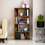 Modern living room with wooden shelf and decor